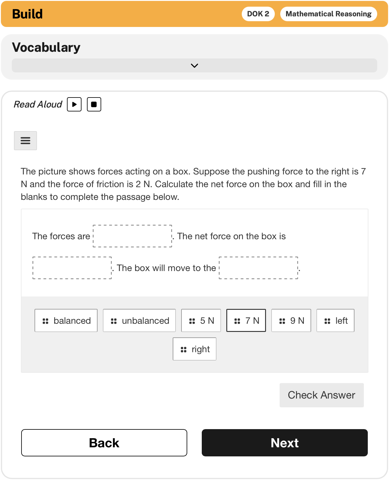 Physics vocabulary question about forces on box with choices.